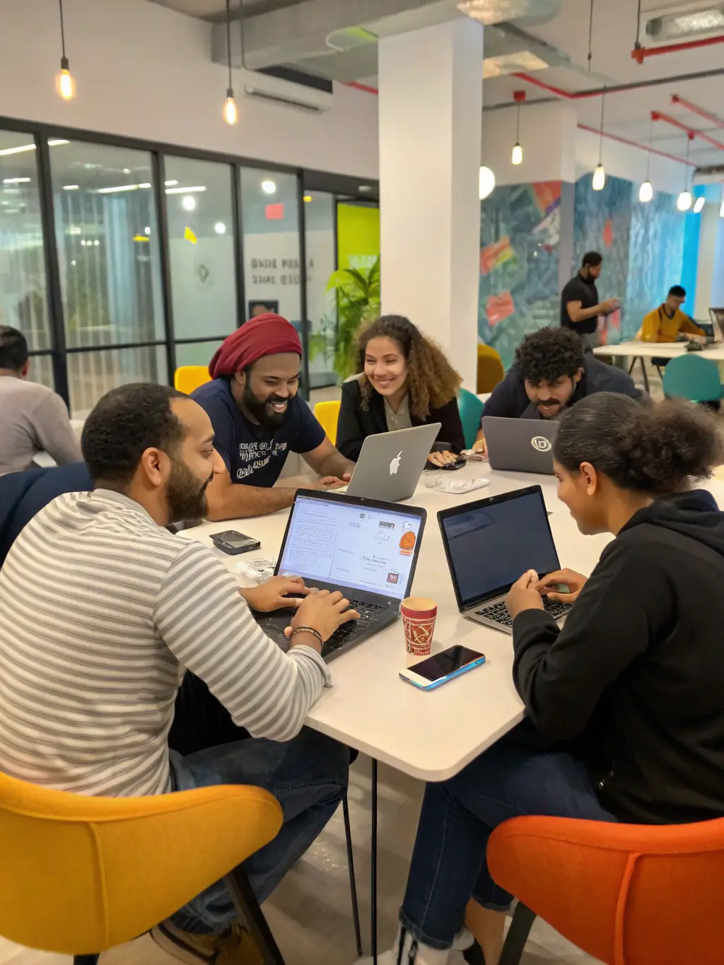 A group of students collaborating on a cloud computing project, using laptops and discussing solutions in a bright, collaborative workspace at fastcluster.site.