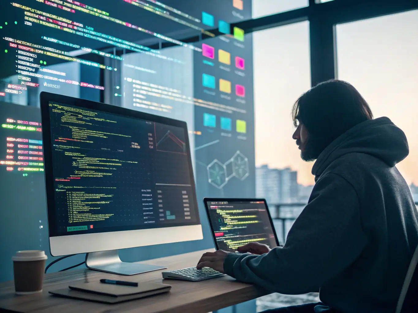 A developer is working on a full-stack application, with code visible on the screen and various design elements around. The image should convey creativity and technical expertise.