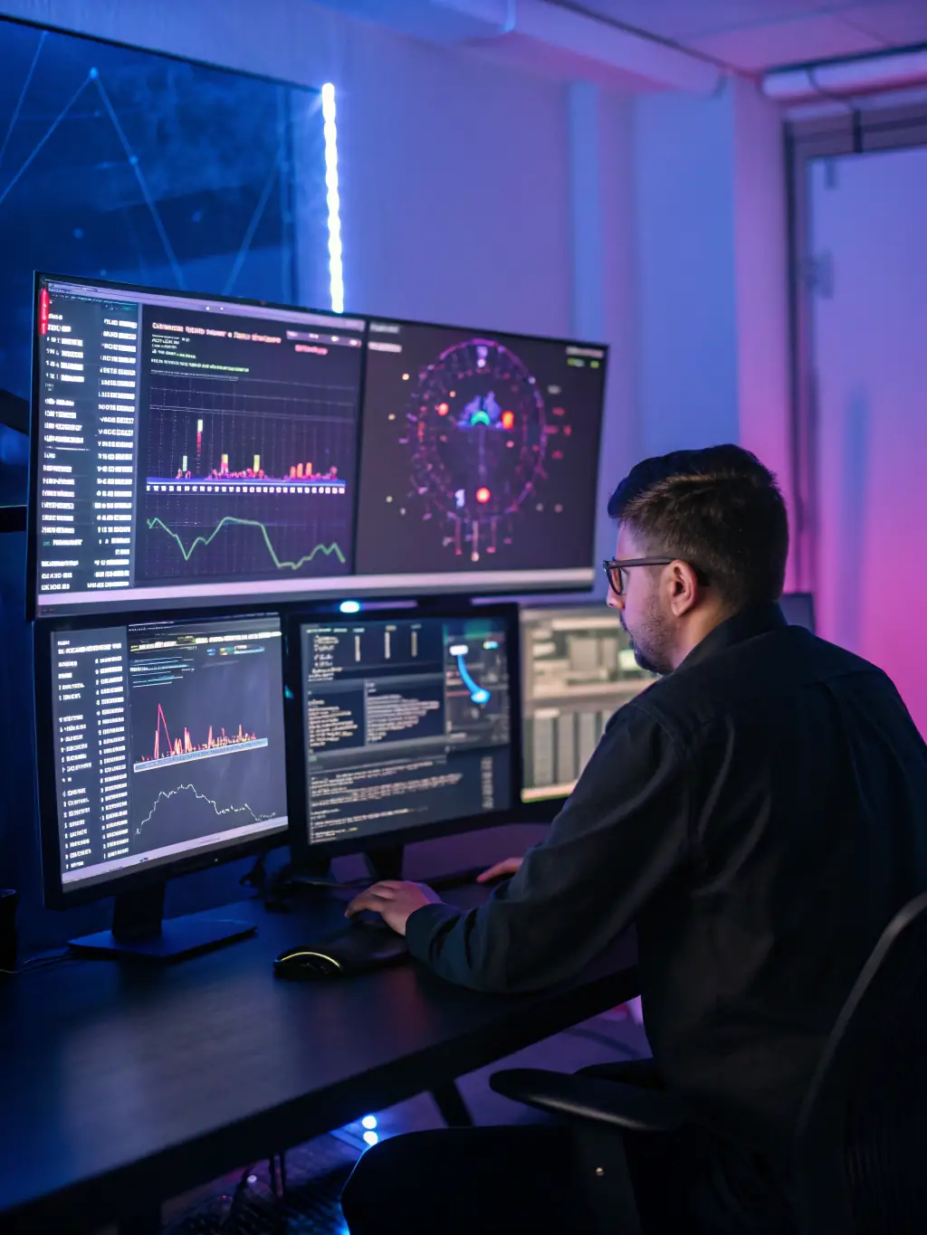 A cybersecurity expert analyzing network traffic, with visual representations of firewalls and intrusion detection systems, highlighting the importance of security in modern programming.
