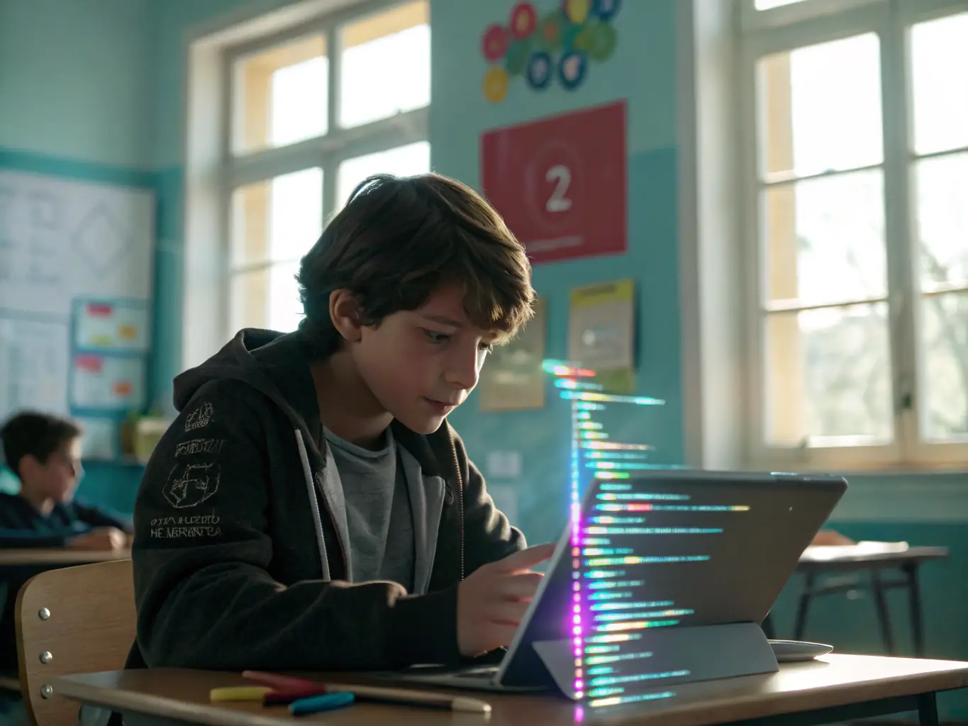 A student is coding at a computer, surrounded by multiple monitors displaying complex code, in a modern classroom setting. The image should convey focus and determination.