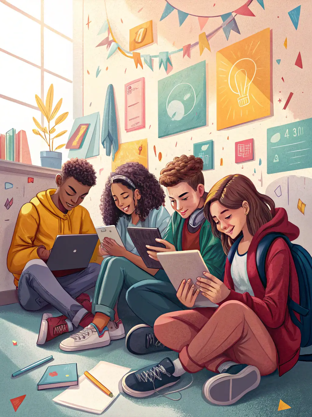 A diverse group of students collaborating on a coding project, with AI algorithms visualized in the background, representing the practical application of AI skills learned in the course.