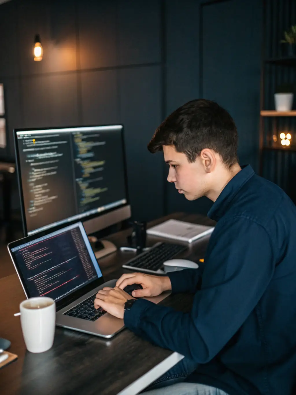 A developer working on a full-stack application, showcasing both the front-end and back-end code on multiple monitors in a professional office environment at fastcluster.site.