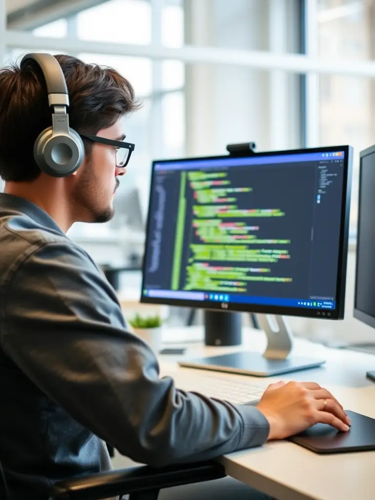A developer writing code on a laptop, with multiple screens displaying different aspects of a full-stack application, emphasizing the comprehensive nature of the course.