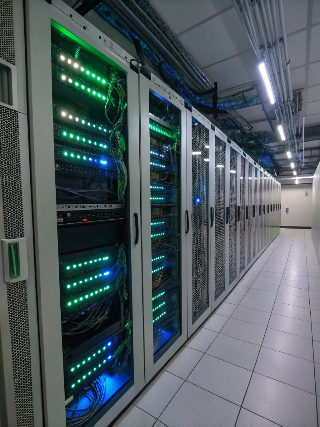 A server room with blinking lights and cooling systems, symbolizing the infrastructure and scalability aspects of cloud computing, with a focus on UK data compliance.