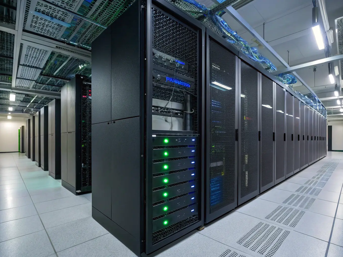 A server room filled with blinking lights and complex networking equipment, symbolizing cloud infrastructure. The image should convey reliability and scalability.