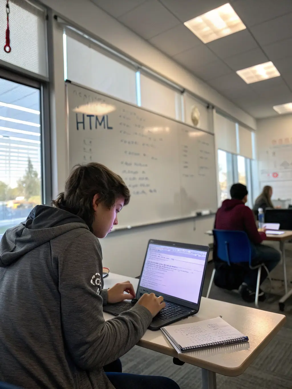 A student intensely focused on a screen filled with code, working on an AI project in a modern classroom setting at fastcluster.site.